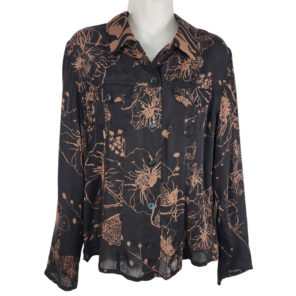Chico’s Womens 100% Silk Shirt Black Tan Floral Button Up Pockets Long Sleeve M